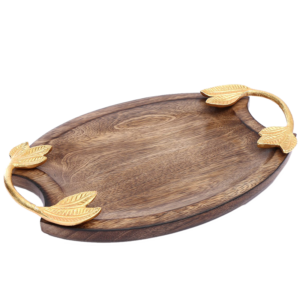 emaango Wooden Tray with Golden Leaf Handle